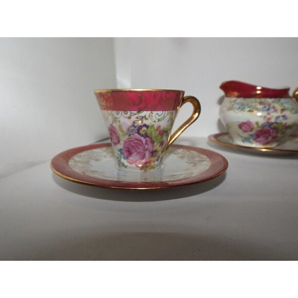 Porzellanmalerei Parbus Demitasse Set for Two - 8 Pieces Gold Trim Floral 1914 - Picture 2 of 11